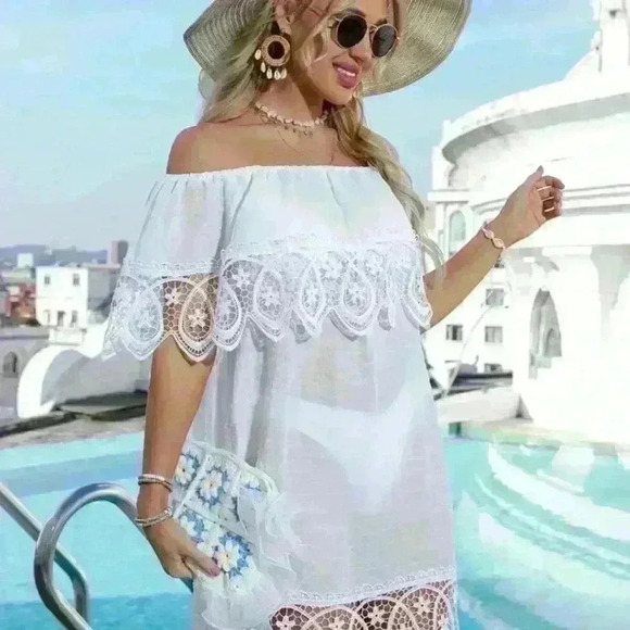 Shein Womens Dress Lace Hem Off the Shoulder  Cover Up White One-Size - Picture 6 of 10